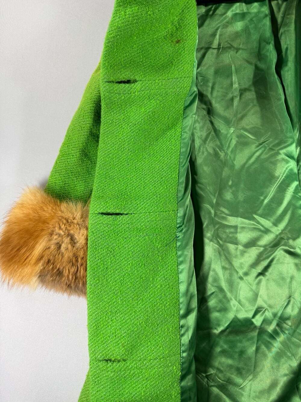 Vintage Green Wool Fur Collar Coat With Yellow Buttons - Picture 7 of 16